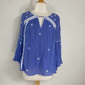 Anthropologie Floreat Periwinkle Floral Embroidered Flute Sleeve Blouse Size 4